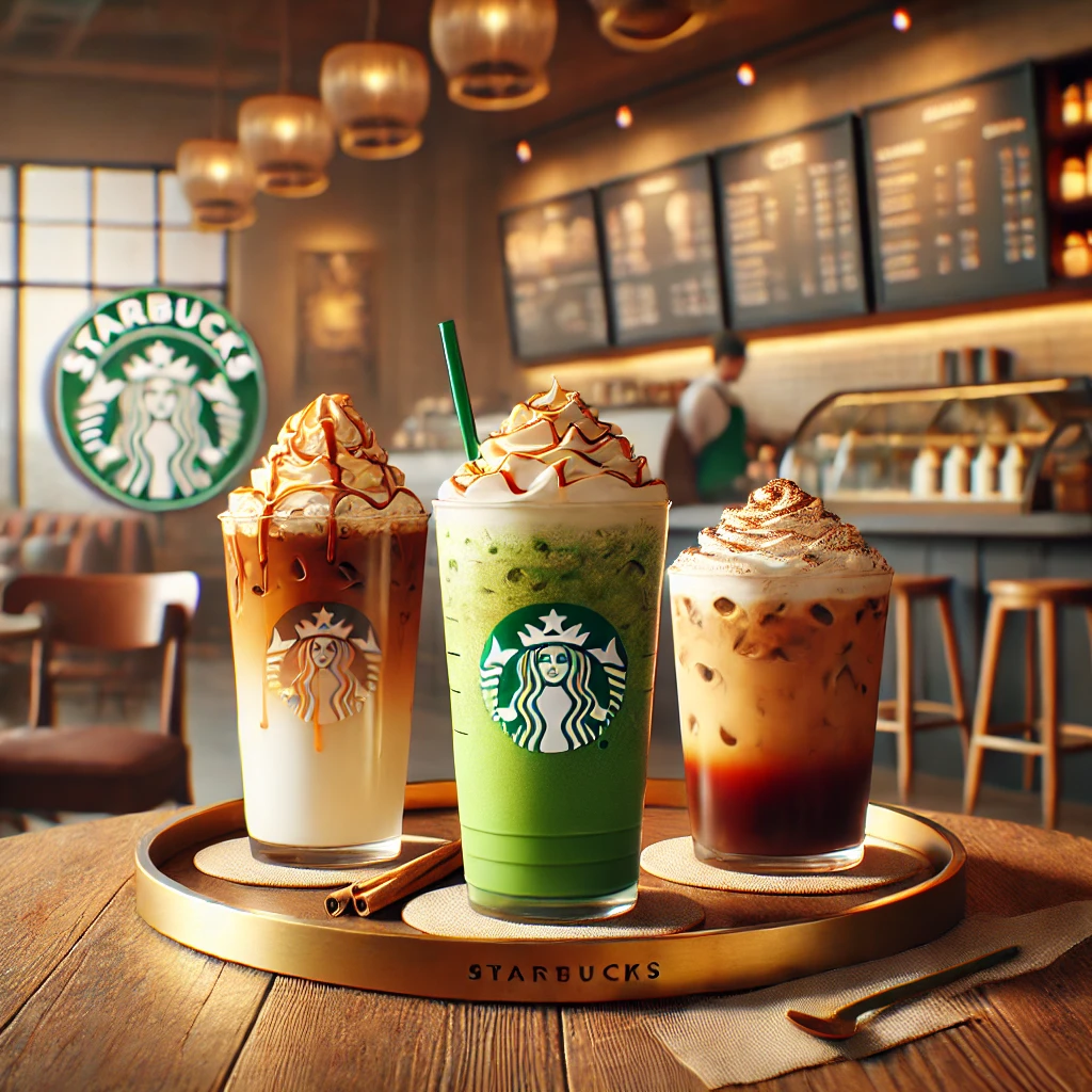 A realistic image of new Starbucks drink items, featuring an elegant wooden table with three beautifully crafted beverages. One is a creamy caramel ma