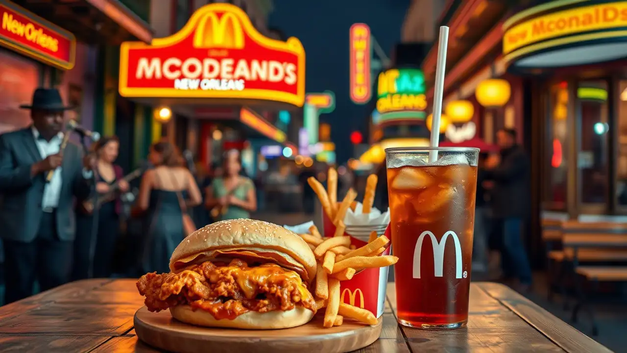 A McDonald's meal featuring a spicy chicken sandwich, fries, and a large sweet tea, placed on a rustic wooden table with a New Orleans street in the background, showcasing jazz musicians and neon signs.