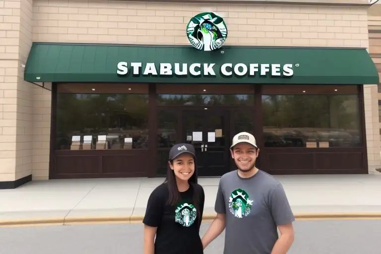 two people standing in front of starbucks
