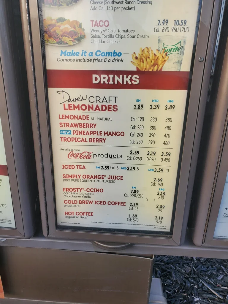 Wendy’s lemonade Menu