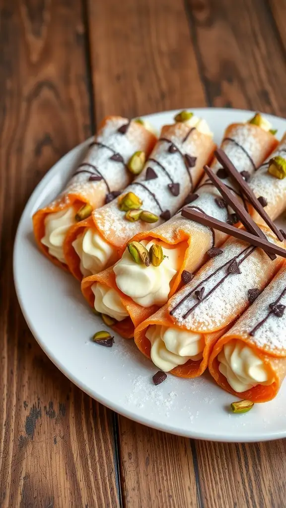 Delicious Italian Cream Stuffed Cannoli Plate of cream stuffed cannoli with powdered sugar and pistachio garnish on wooden table.