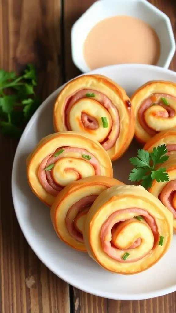 Savory Baked Ham and Cheese Pinwheels Recipe Golden baked ham and cheese pinwheels on a plate, garnished with parsley, served with dipping sauce.