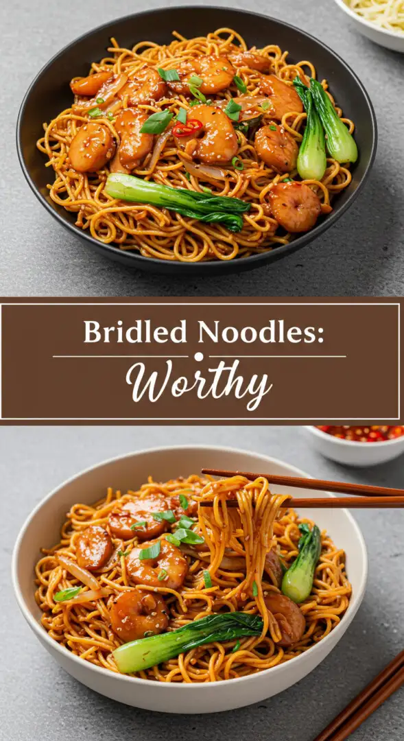 Create a pinterest pin on Bridled Noodles with a split layout. there should be 2 images of the food one above and one below. . Add a bold Brown banner across the middle with modern, bold white text that reads: Bridled Noodles:. Below it, in a cursive font, write “Worthy” for a stylish feel.